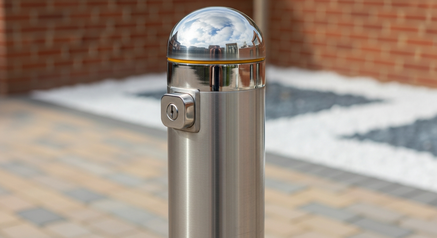 Close-up of a polished stainless steel telescopic security bollard installed in a London block-paved driveway