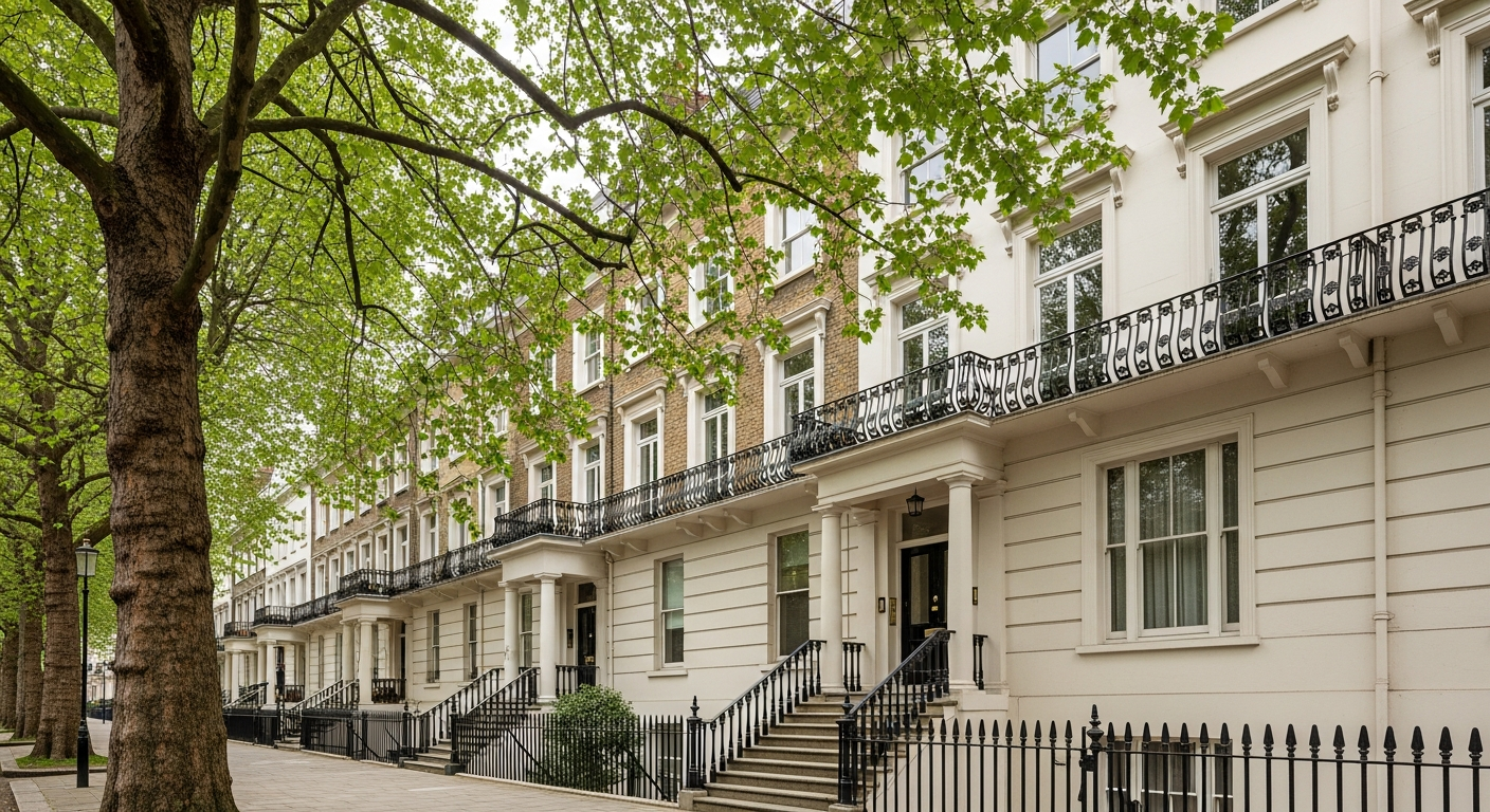 A row of grand Georgian London townhouses on a tree-lined street in a conservation area
